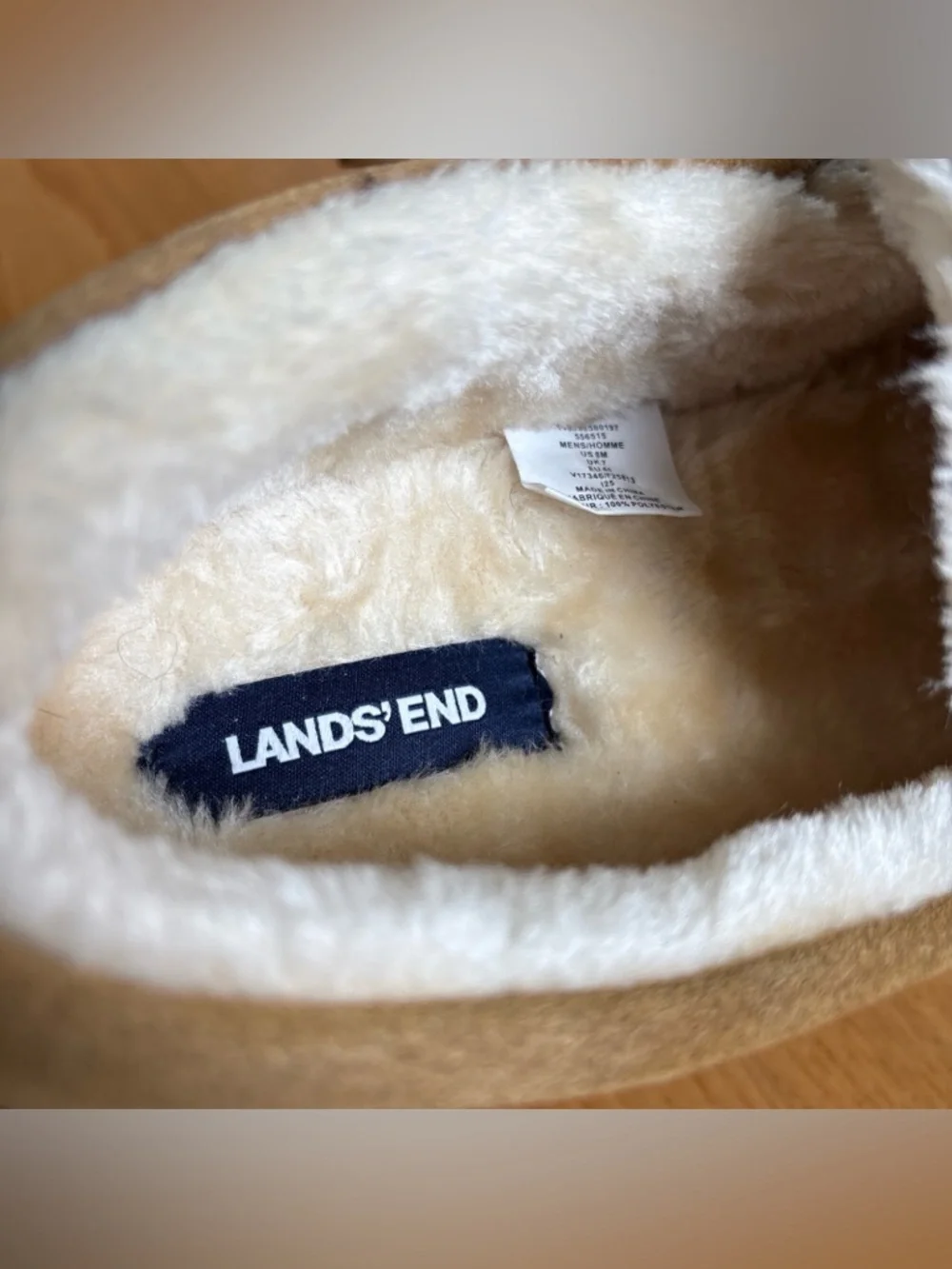 Lands End Mens Suede Moccasins Faux Fur Lined Slippers Brown English Tan Size 8M